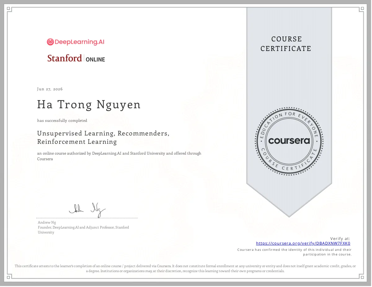Unsupervised Learning, Recommenders, Reinforcement Learning